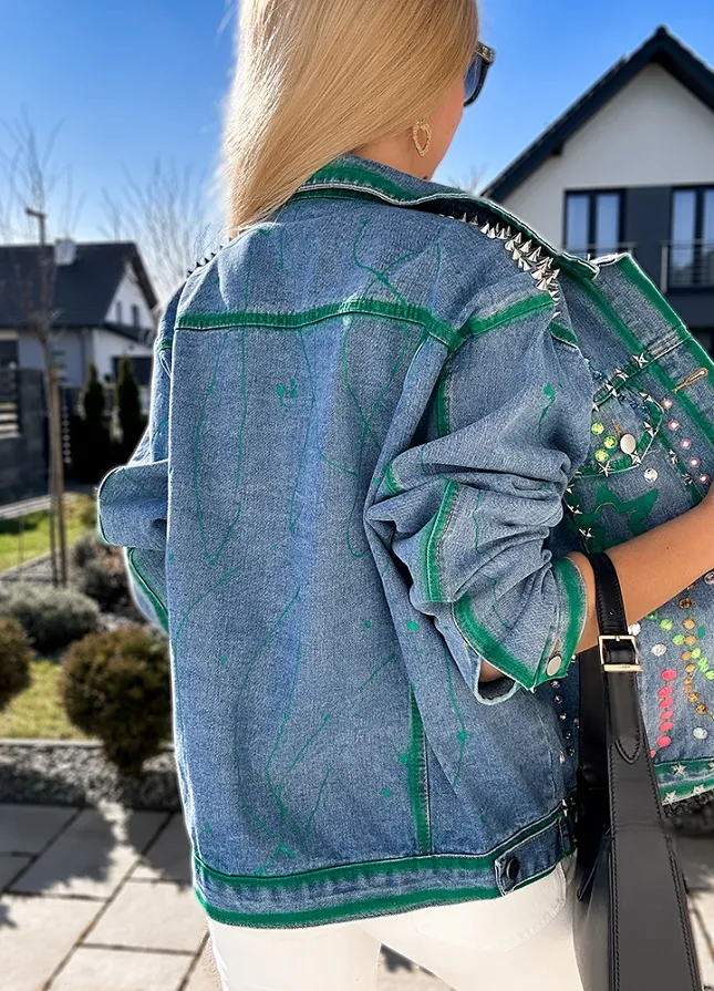 Modowa katana jeansowa bogato zdobiona BLUE JEANS oversize - M790