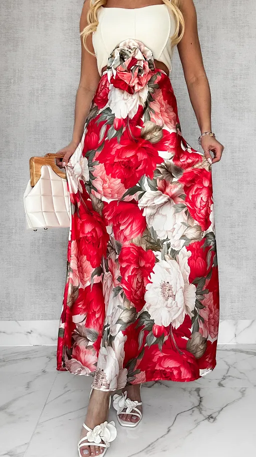 MAXI długa spódnica w kwiaty z różą ONE SIZE - P612