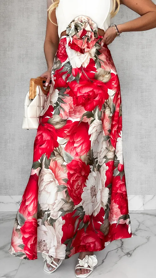 MAXI długa spódnica w kwiaty z różą ONE SIZE - P612
