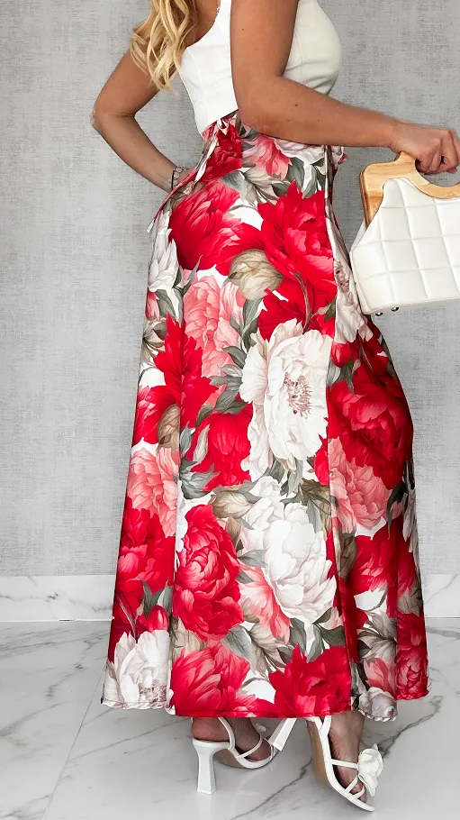 MAXI długa spódnica w kwiaty z różą ONE SIZE - P612