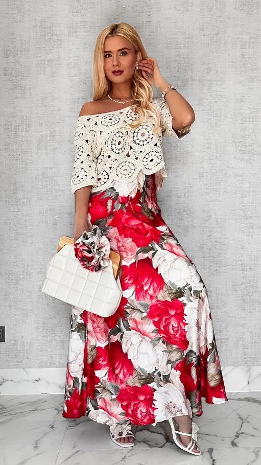 MAXI długa spódnica w kwiaty z różą ONE SIZE - P612