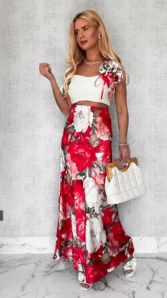 MAXI długa spódnica w kwiaty z różą ONE SIZE - P612