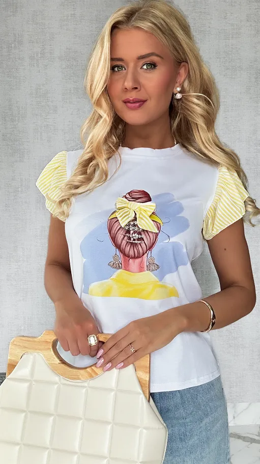 Biała bluzka t-shirt z żółtymi dodatkami i ozdobnymi rękawkami ONE SIZE - P590