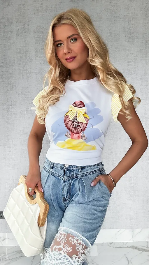 Biała bluzka t-shirt z żółtymi dodatkami i ozdobnymi rękawkami ONE SIZE - P590