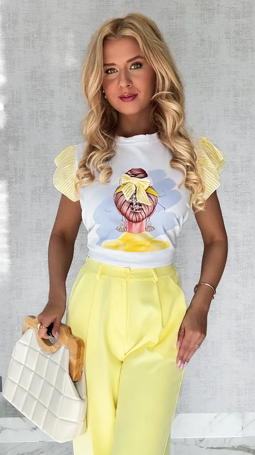 Biała bluzka t-shirt z żółtymi dodatkami i ozdobnymi rękawkami ONE SIZE - P590