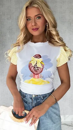 Biała bluzka t-shirt z żółtymi dodatkami i ozdobnymi rękawkami ONE SIZE - P590