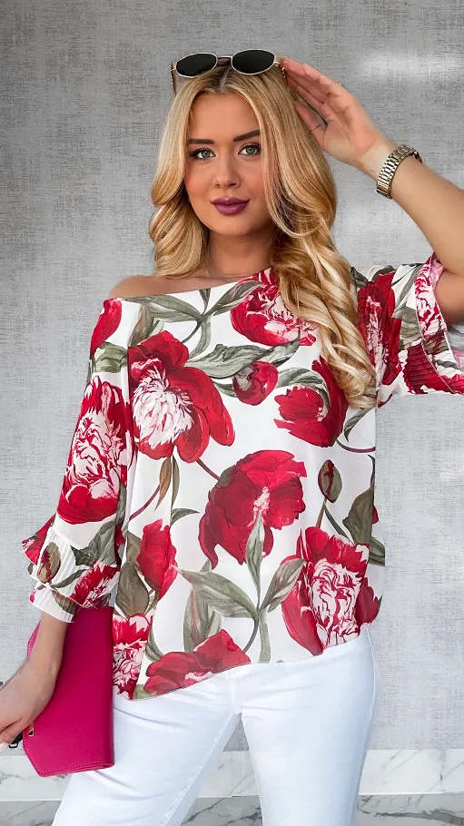 Luźna bluzka w czerwone kwiaty z ozdobnymi rękawami ONE SIZE - P456