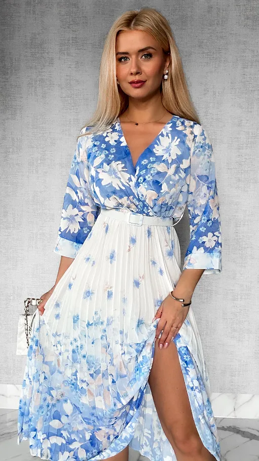 Sukienka MIDI w niebieskie kwiaty z plisowaniem ONE SIZE - P303A