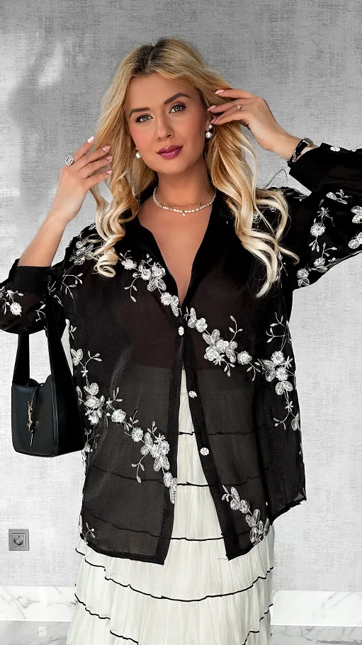 Efektowna czarna koszula w kwiaty i haftowania ONE SIZE - P524A
