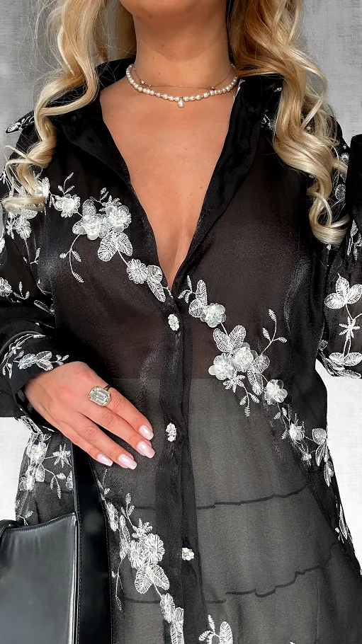 Efektowna czarna koszula w kwiaty i haftowania ONE SIZE - P524A