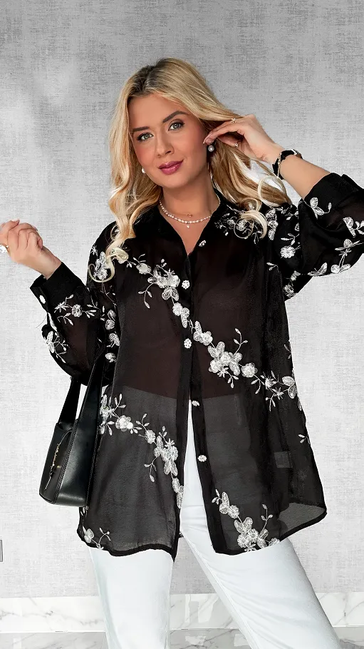Efektowna czarna koszula w kwiaty i haftowania ONE SIZE - P524A