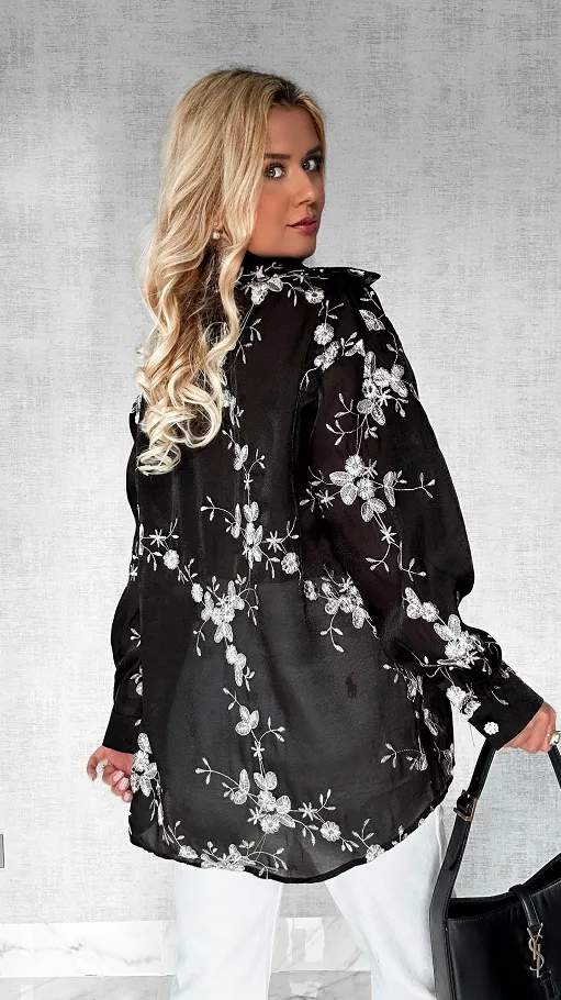 Efektowna czarna koszula w kwiaty i haftowania ONE SIZE - P524A
