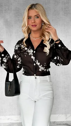 Efektowna czarna koszula w kwiaty i haftowania ONE SIZE - P524A