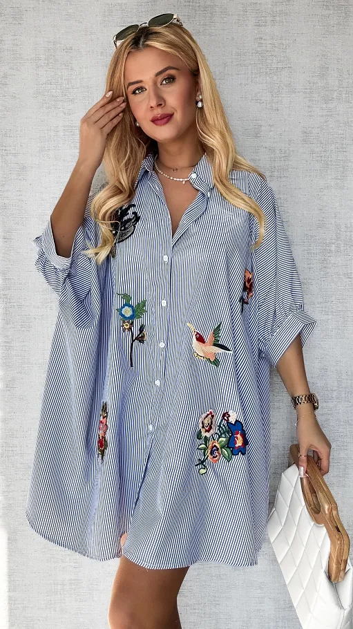 Koszula OVERSIZE w niebieskie paski z naszywkami ONE SIZE - P495