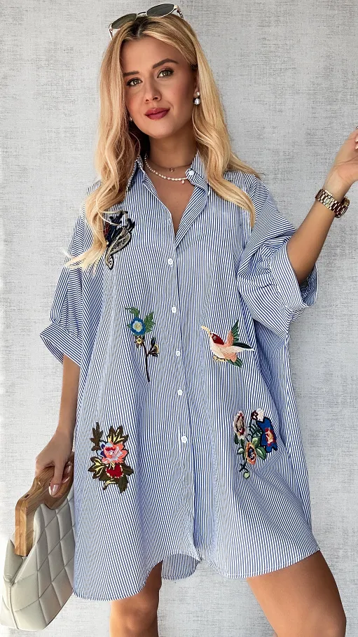 Koszula OVERSIZE w niebieskie paski z naszywkami ONE SIZE - P495
