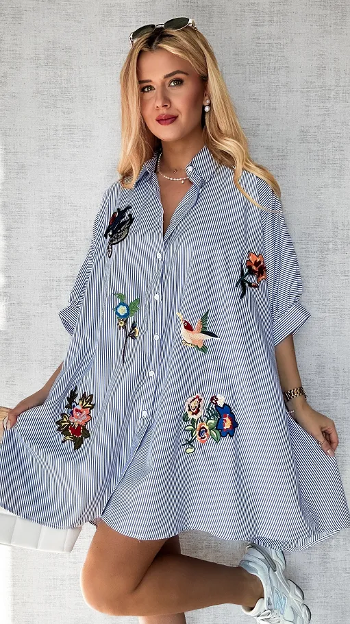 Koszula OVERSIZE w niebieskie paski z naszywkami ONE SIZE - P495