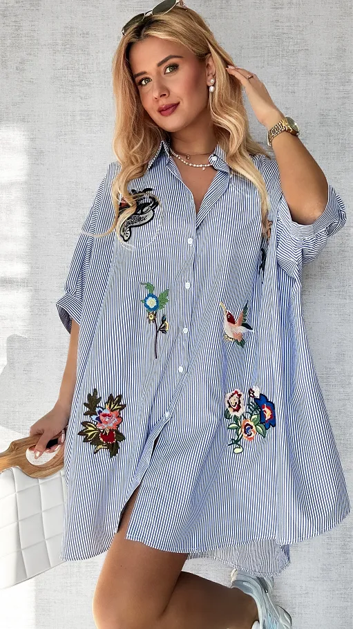 Koszula OVERSIZE w niebieskie paski z naszywkami ONE SIZE - P495