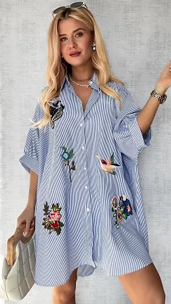 Koszula OVERSIZE w niebieskie paski z naszywkami ONE SIZE - P495