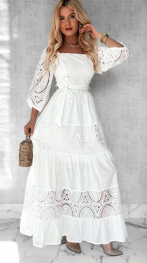 Elegancka biała MAXI sukienka z bawełny - P445