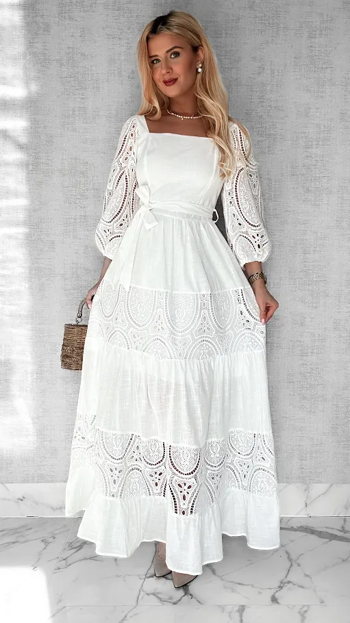 Elegancka biała MAXI sukienka z bawełny - P445