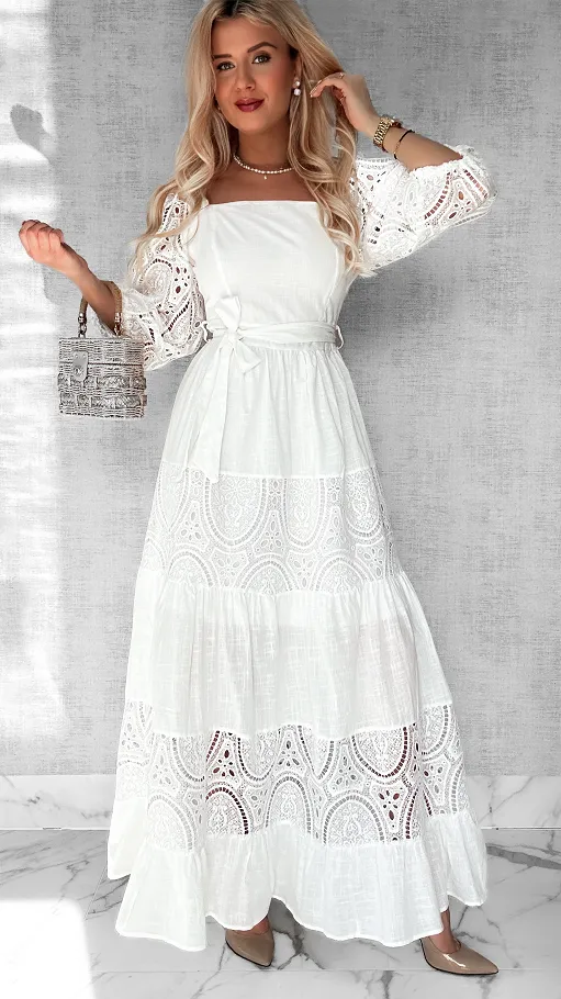 Elegancka biała MAXI sukienka z bawełny - P445