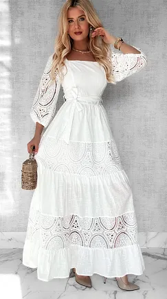 Elegancka biała MAXI sukienka z bawełny - P445