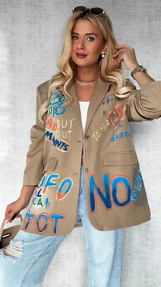 Idealna beżowa marynarka z kolorowym graffiti OVERSIZE - P552A