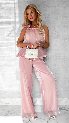 Piękny lekki różowy komplet z połyskiem ONE SIZE - P639