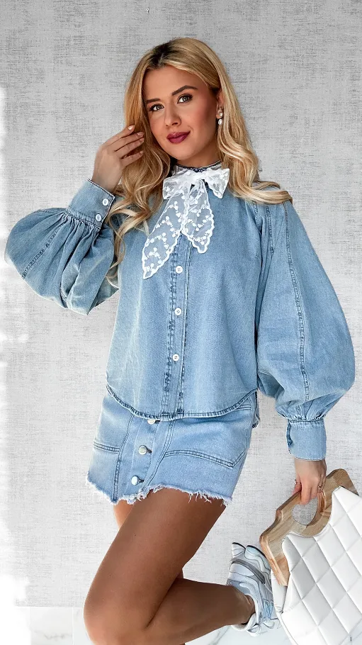 Miękka jeansowa koszula z bufiastymi rękawami ONE SIZE - P525