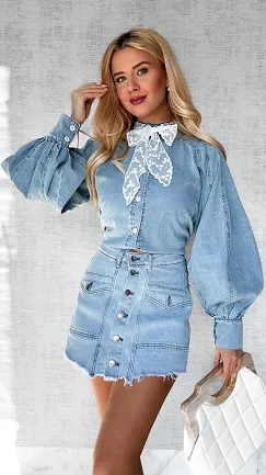 Miękka jeansowa koszula z bufiastymi rękawami ONE SIZE - P525