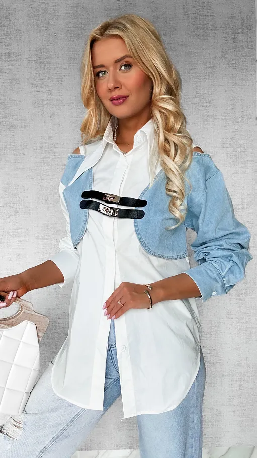 Stylowa bawełniana koszula z jeansowymi elementami ONE SIZE - P594