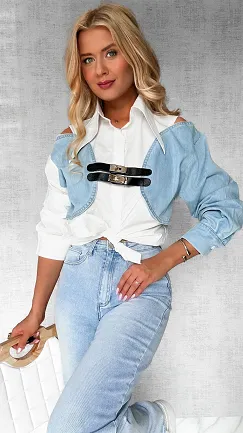 Stylowa bawełniana koszula z jeansowymi elementami ONE SIZE - P594