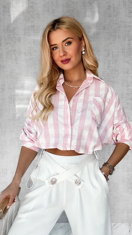 Modna koszula w różową kratę ściągana w pasie gumką ONE SIZE - P394