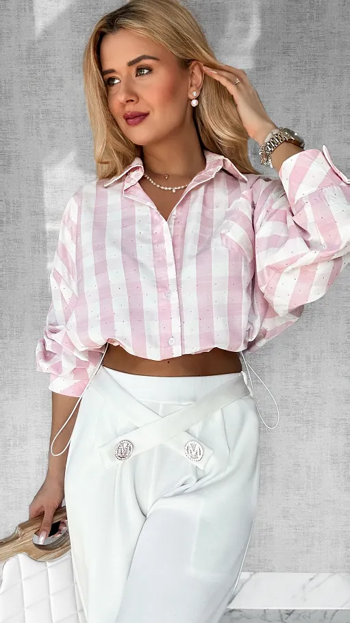 Modna koszula w różową kratę ściągana w pasie gumką ONE SIZE - P394