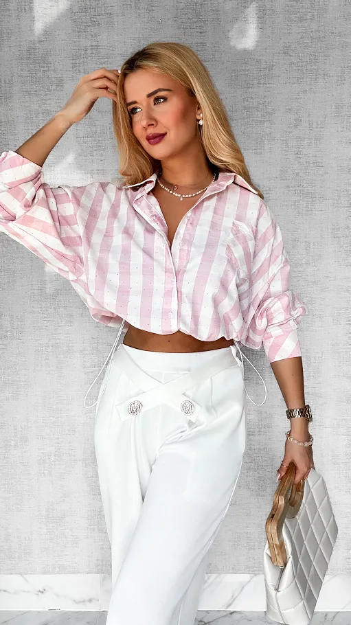 Modna koszula w różową kratę ściągana w pasie gumką ONE SIZE - P394