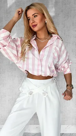 Modna koszula w różową kratę ściągana w pasie gumką ONE SIZE - P394