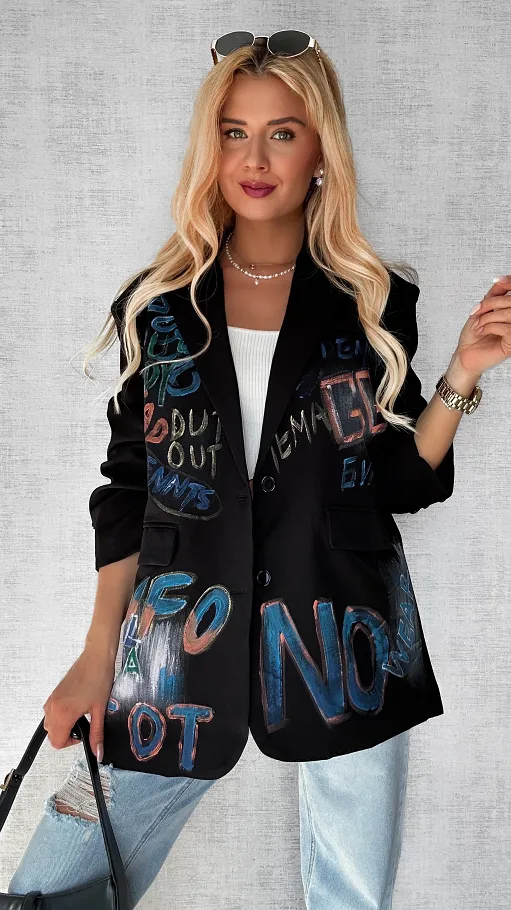 Idealna czarna marynarka z kolorowym graffiti OVERSIZE - P552