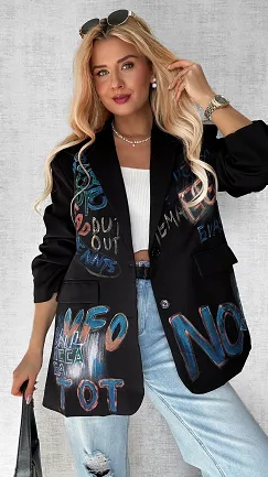 Idealna czarna marynarka z kolorowym graffiti OVERSIZE - P552