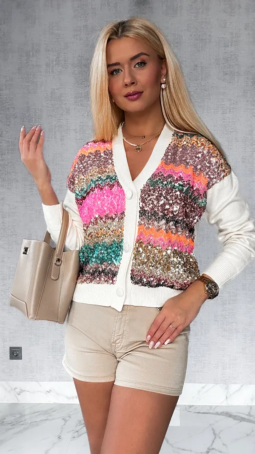 Sweter ECRU na guziki zdobiony cekinami w pastelowe paski - P133