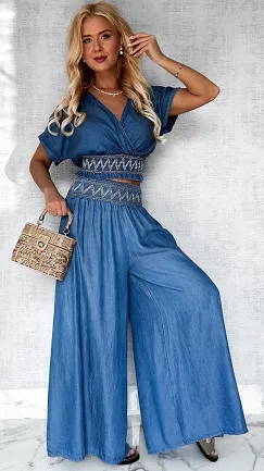 Miękki jeansowy komplet bluzka + spodnie kuloty ONE SIZE - P607