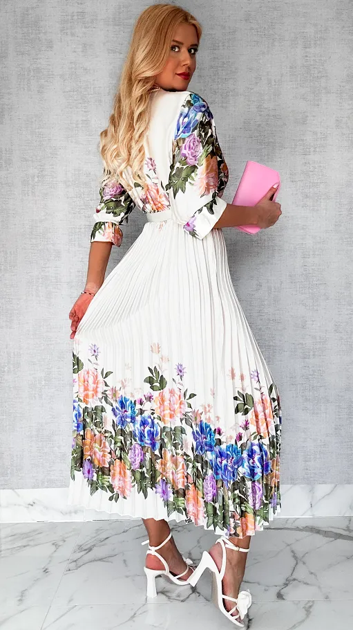 Cudowna MAXI sukienka w kwiaty z plisowanym dołem BIAŁA - P511A