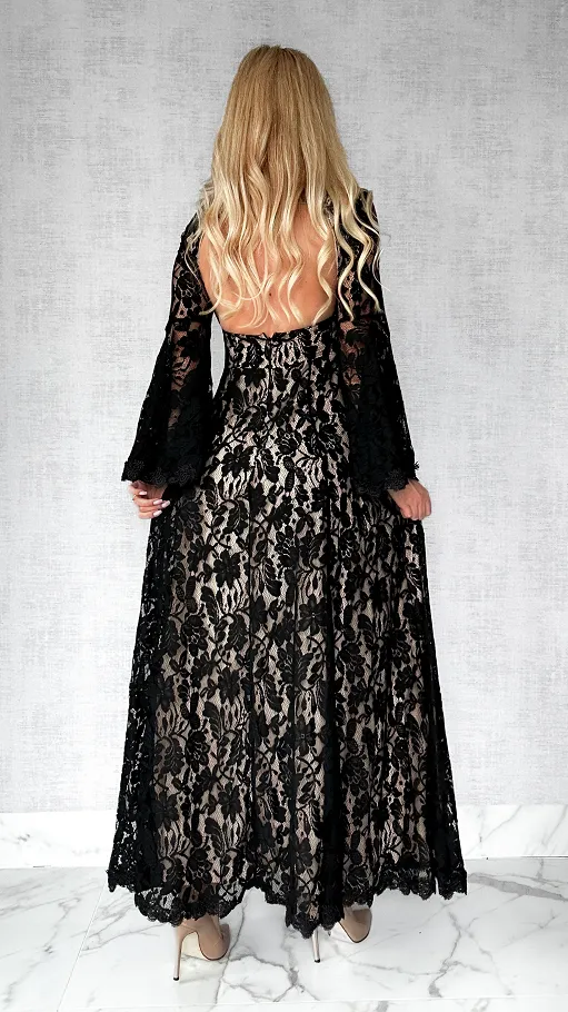 Czarna MAXI sukienka koronkowa BOHO z szerokimi rękawami - P276B