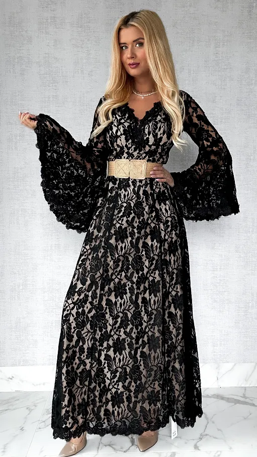Czarna MAXI sukienka koronkowa BOHO z szerokimi rękawami - P276B