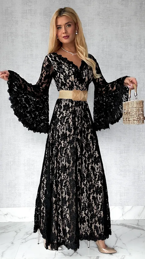 Czarna MAXI sukienka koronkowa BOHO z szerokimi rękawami - P276B