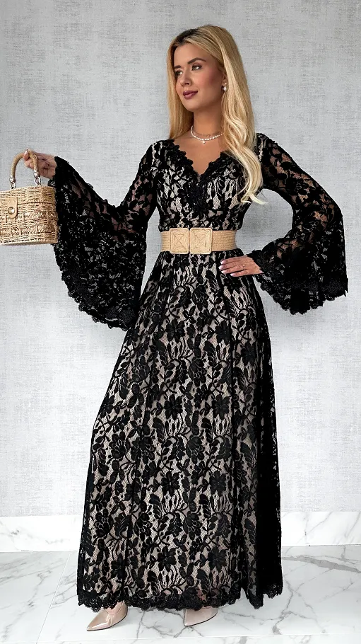 Czarna MAXI sukienka koronkowa BOHO z szerokimi rękawami - P276B