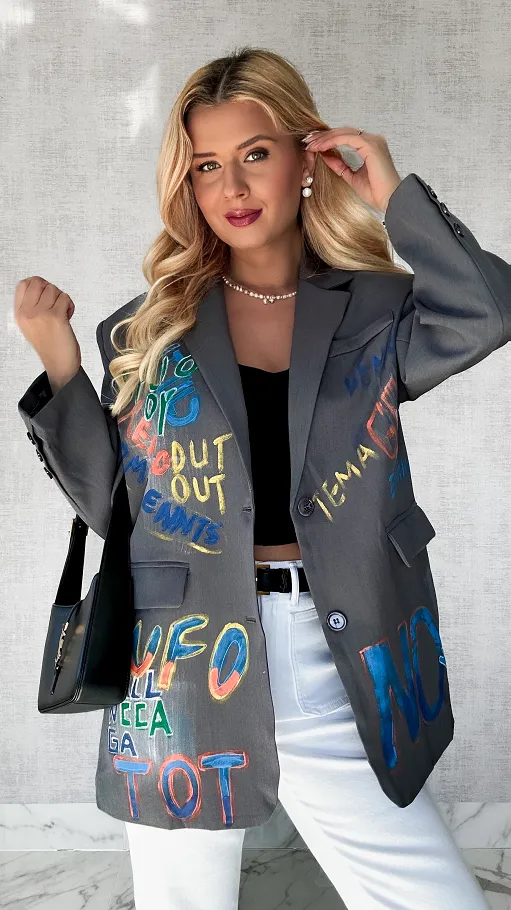 Idealna szara marynarka z kolorowym graffiti OVERSIZE - P552B