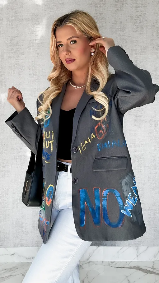 Idealna szara marynarka z kolorowym graffiti OVERSIZE - P552B