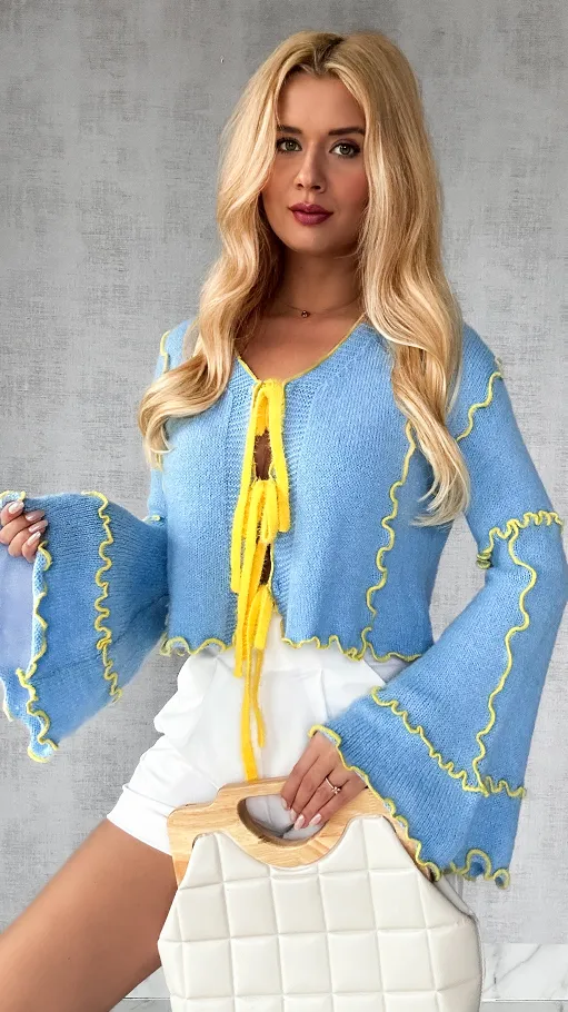 Niebieski wiązany sweter wiosenny z żółtym wykończeniem - P255A