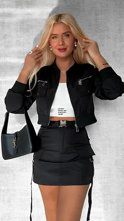 Stylowy czarny komplet MILITARY kurtka + spódnico-spodenki - P587A