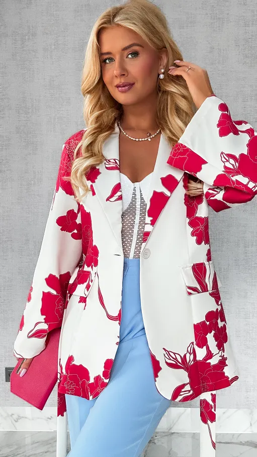Luźna marynarka z wiązaniem w czerwone kwiaty ONE SIZE - P640